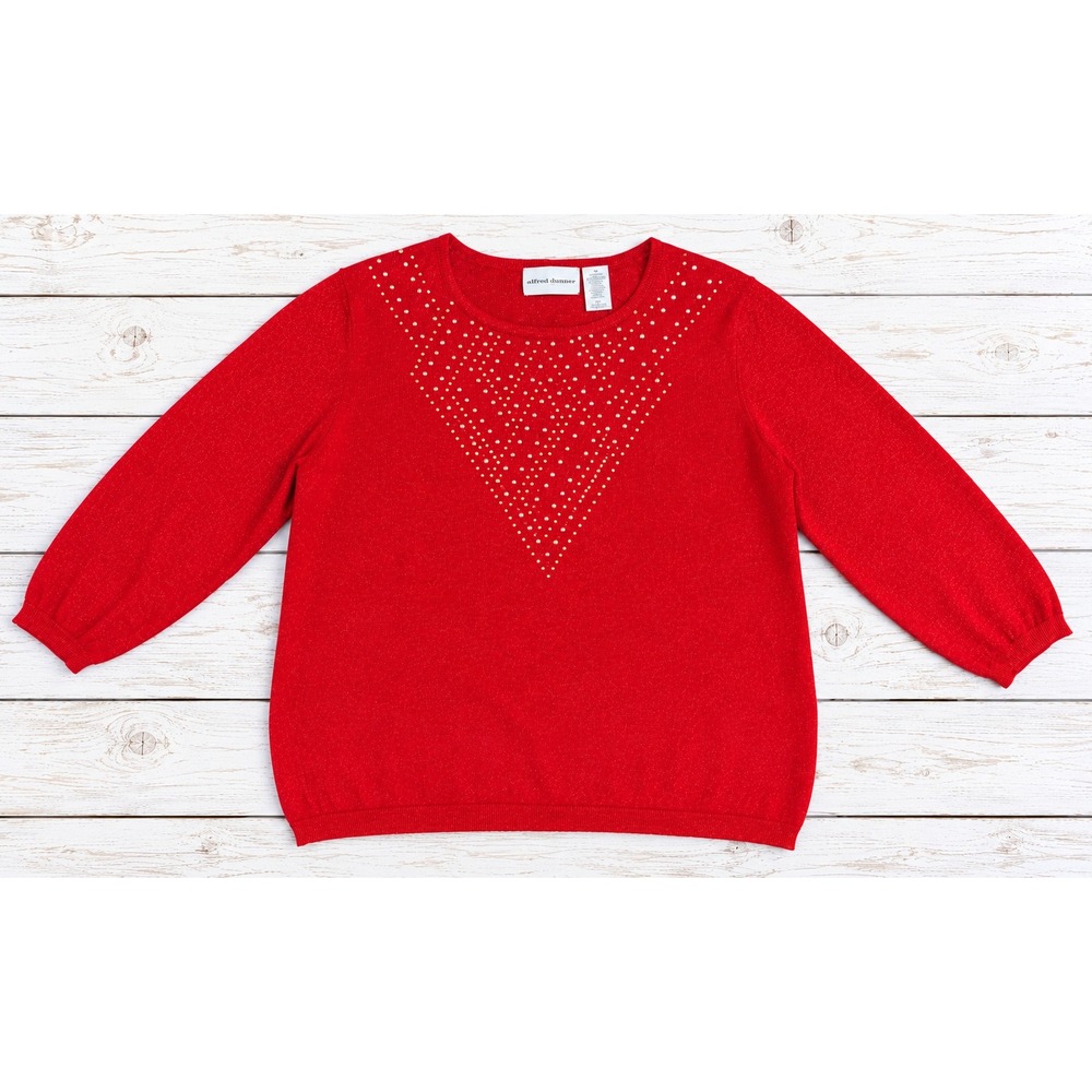 Alfred Dunner Sweater Embellished Red Metallic Knit Holiday Party Festive Large